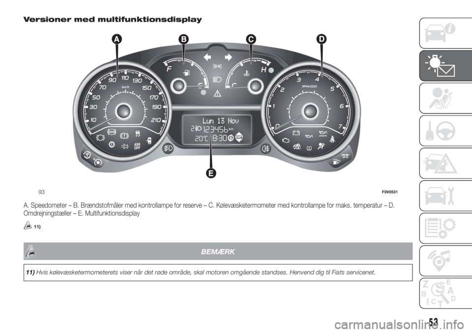 FIAT DOBLO PANORAMA 2018  Brugs- og vedligeholdelsesvejledning (in Danish) Versioner med multifunktionsdisplay
A. Speedometer – B. Brændstofmåler med kontrollampe for reserve – C. Kølevæsketermometer med kontrollampe for maks. temperatur – D.
Omdrejningstæller –