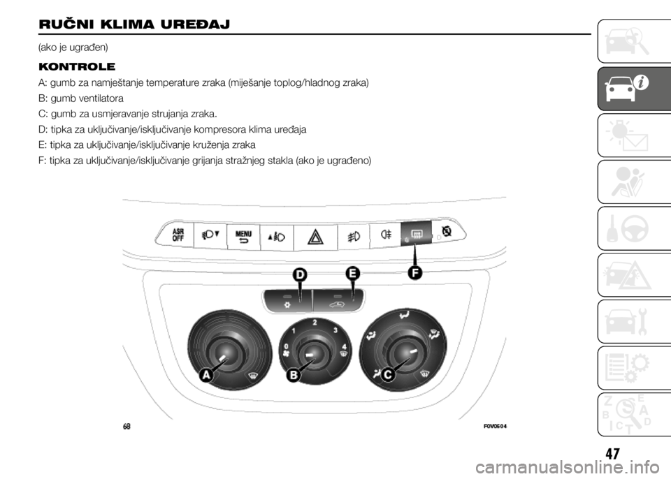 FIAT DOBLO PANORAMA 2020  Knjižica s uputama za uporabu i održavanje (in Croatian) 47
RUČNI KLIMA UREĐAJ 
(ako je ugrađen)
KONTROLE
A: gumb za namještanje temperature zraka (miješanje toplog/hladnog zraka)
B: gumb ventilatora
C: gumb za usmjeravanje strujanja zraka.
D: tipka za