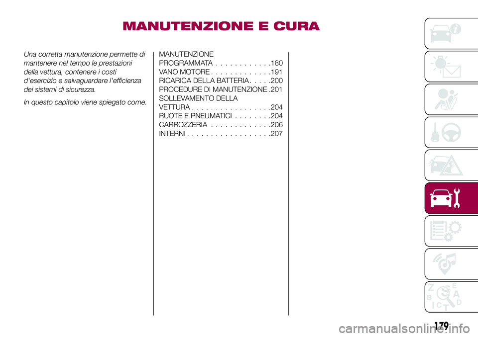FIAT 500X 2017  Libretto Uso Manutenzione (in Italian) MANUTENZIONE E CURA
Una corretta manutenzione permette di
mantenere nel tempo le prestazioni
della vettura, contenere i costi
d'esercizio e salvaguardare l'efficienza
dei sistemi di sicurezza.