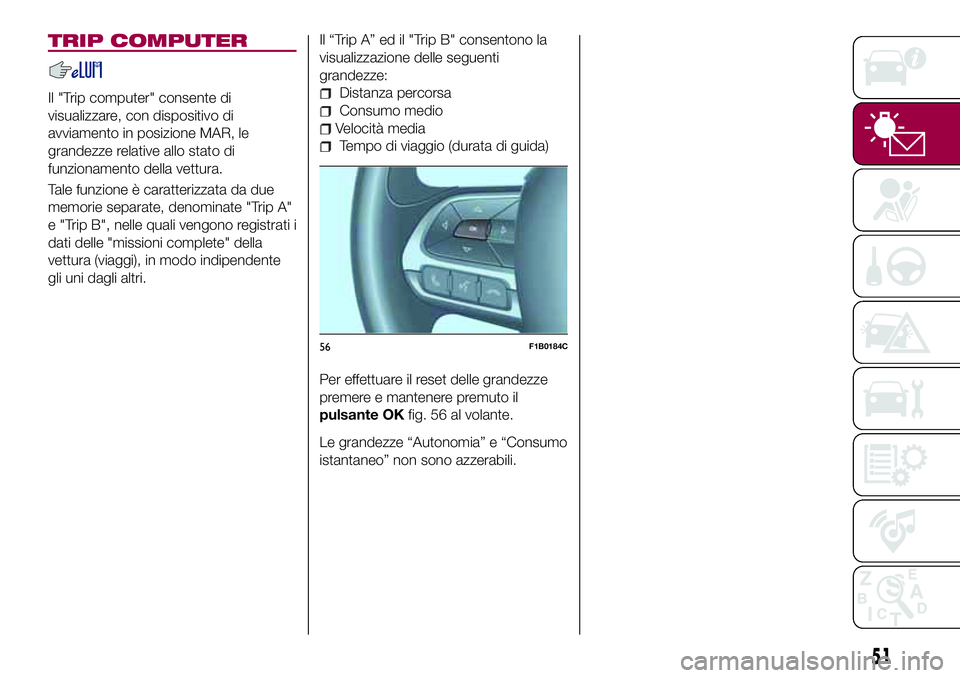 FIAT 500X 2017  Libretto Uso Manutenzione (in Italian) TRIP COMPUTER
Il "Trip computer" consente di
visualizzare, con dispositivo di
avviamento in posizione MAR, le
grandezze relative allo stato di
funzionamento della vettura.
Tale funzione è car