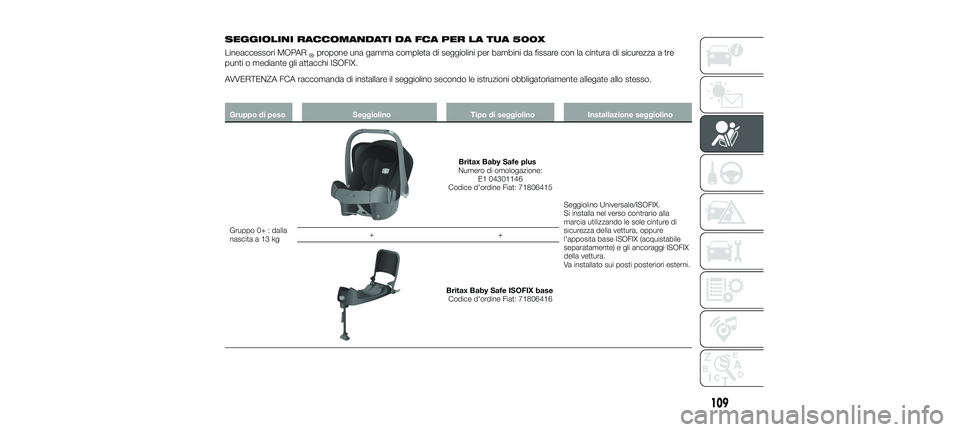 FIAT 500X 2018  Libretto Uso Manutenzione (in Italian) SEGGIOLINI RACCOMANDATI DA FCA PER LA TUA 500X
Lineaccessori MOPAR®propone una gamma completa di seggiolini per bambini da fissare con la cintura di sicurezza a tre
punti o mediante gli attacchi ISOF