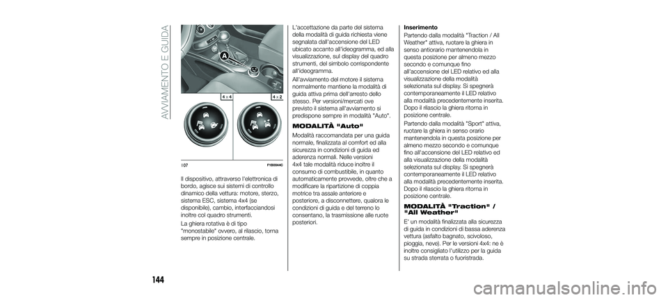 FIAT 500X 2018 Libretto Uso Manutenzione (in Italian) Il dispositivo, attraverso l'elettronica di
bordo, agisce sui sistemi di controllo
dinamico della vettura: motore, sterzo,
sistema ESC, sistema 4x4 (se
disponibile), cambio, interfacciandosi
inolt FIAT 500X 2018 Libretto Uso Manutenzione (in Italian) Il dispositivo, attraverso l'elettronica di
bordo, agisce sui sistemi di controllo
dinamico della vettura: motore, sterzo,
sistema ESC, sistema 4x4 (se
disponibile), cambio, interfacciandosi
inolt