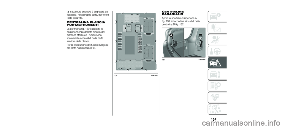 FIAT 500X 2018  Libretto Uso Manutenzione (in Italian) l'avvenuta chiusura è segnalata dal
fissaggio, nella propria sede, dell'intera
testa della vite.
CENTRALINA PLANCIA
PORTASTRUMENTI
La centralina fig. 130 è ubicata in
corrispondenza del lato