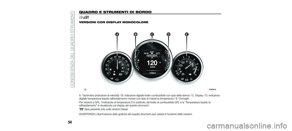 FIAT 500X 2018  Libretto Uso Manutenzione (in Italian) QUADRO E STRUMENTI DI BORDO
VERSIONI CON DISPLAY MONOCOLORE
A. Tachimetro (indicatore di velocità) / B. Indicatore digitale livello combustibile con spia della riserva / C. Display / D. Indicatore
di