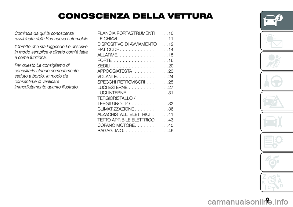 FIAT 500X 2019  Libretto Uso Manutenzione (in Italian) CONOSCENZA DELLA VETTURA
Comincia da qui la conoscenza
ravvicinata della Sua nuova automobile.
Il libretto che sta leggendo Le descrive
in modo semplice e diretto com'è fatta
e come funziona.
Per
