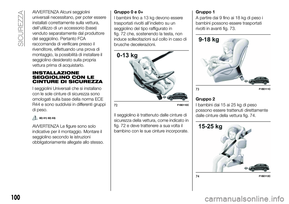 FIAT 500X 2019  Libretto Uso Manutenzione (in Italian) AVVERTENZA Alcuni seggiolini
universali necessitano, per poter essere
installati correttamente sulla vettura,
dell'utilizzo di un accessorio (base)
venduto separatamente dal produttore
del seggiol
