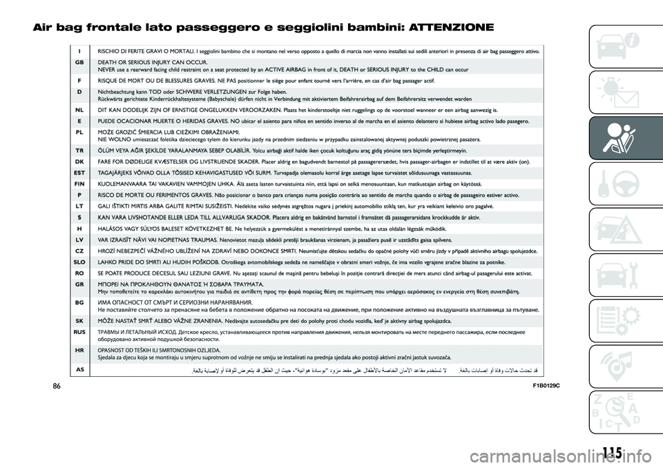 FIAT 500X 2019  Libretto Uso Manutenzione (in Italian) Air bag frontale lato passeggero e seggiolini bambini: ATTENZIONE
86F1B0129C
115 