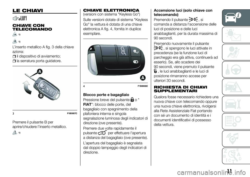 FIAT 500X 2019  Libretto Uso Manutenzione (in Italian) LE CHIAVI
CHIAVE CON
TELECOMANDO
1)
1)
L’inserto metallico A fig. 3 della chiave
aziona:
il dispositivo di avviamento;
la serratura porta guidatore.
Premere il pulsante B per
aprire/chiudere l’ins