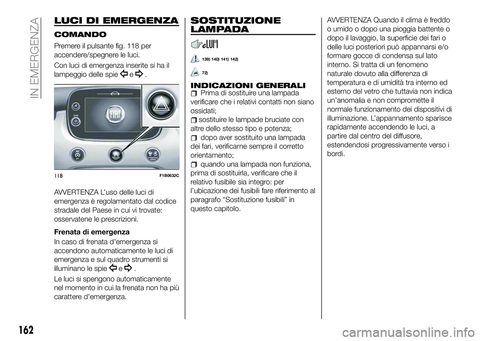 FIAT 500X 2019 Libretto Uso Manutenzione (in Italian) LUCI DI EMERGENZA
COMANDO
Premere il pulsante fig. 118 per
accendere/spegnere le luci.
Con luci di emergenza inserite si ha il
lampeggio delle spie
e.
AVVERTENZA L’uso delle luci di
emergenza è reg FIAT 500X 2019 Libretto Uso Manutenzione (in Italian) LUCI DI EMERGENZA
COMANDO
Premere il pulsante fig. 118 per
accendere/spegnere le luci.
Con luci di emergenza inserite si ha il
lampeggio delle spie
e.
AVVERTENZA L’uso delle luci di
emergenza è reg