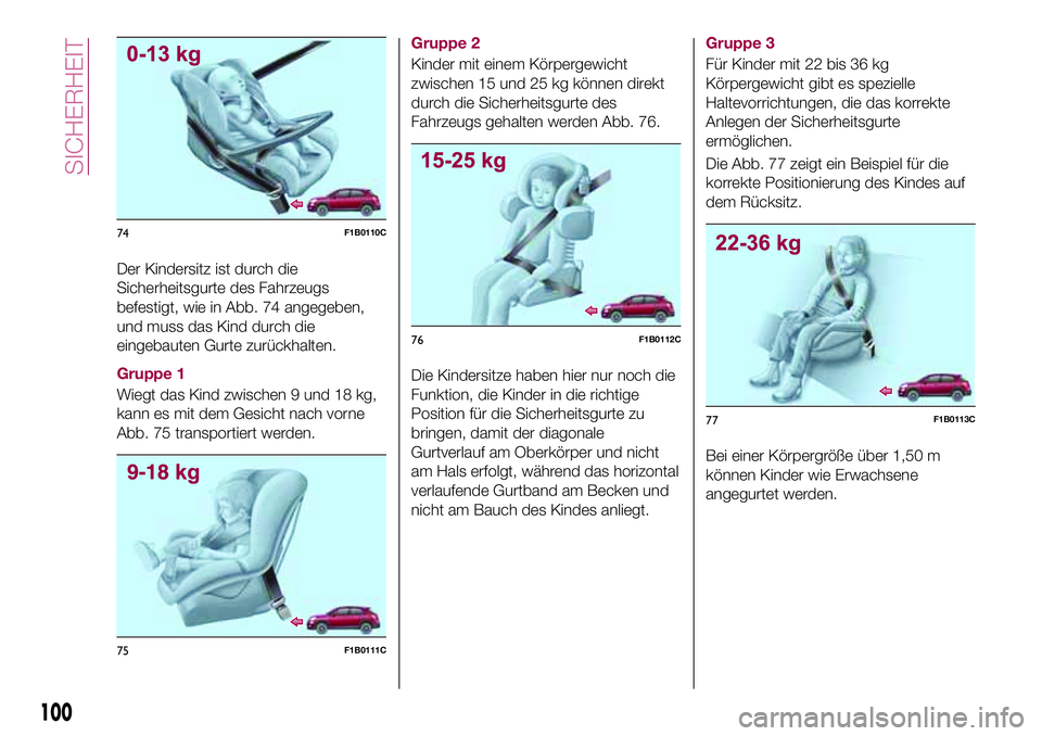 FIAT 500X 2017 Betriebsanleitung (in German) Der Kindersitz ist durch die
Sicherheitsgurte des Fahrzeugs
befestigt, wie in Abb. 74 angegeben,
und muss das Kind durch die
eingebauten Gurte zurückhalten.
Gruppe 1
Wiegt das Kind zwischen 9 und 18 FIAT 500X 2017 Betriebsanleitung (in German) Der Kindersitz ist durch die
Sicherheitsgurte des Fahrzeugs
befestigt, wie in Abb. 74 angegeben,
und muss das Kind durch die
eingebauten Gurte zurückhalten.
Gruppe 1
Wiegt das Kind zwischen 9 und 18