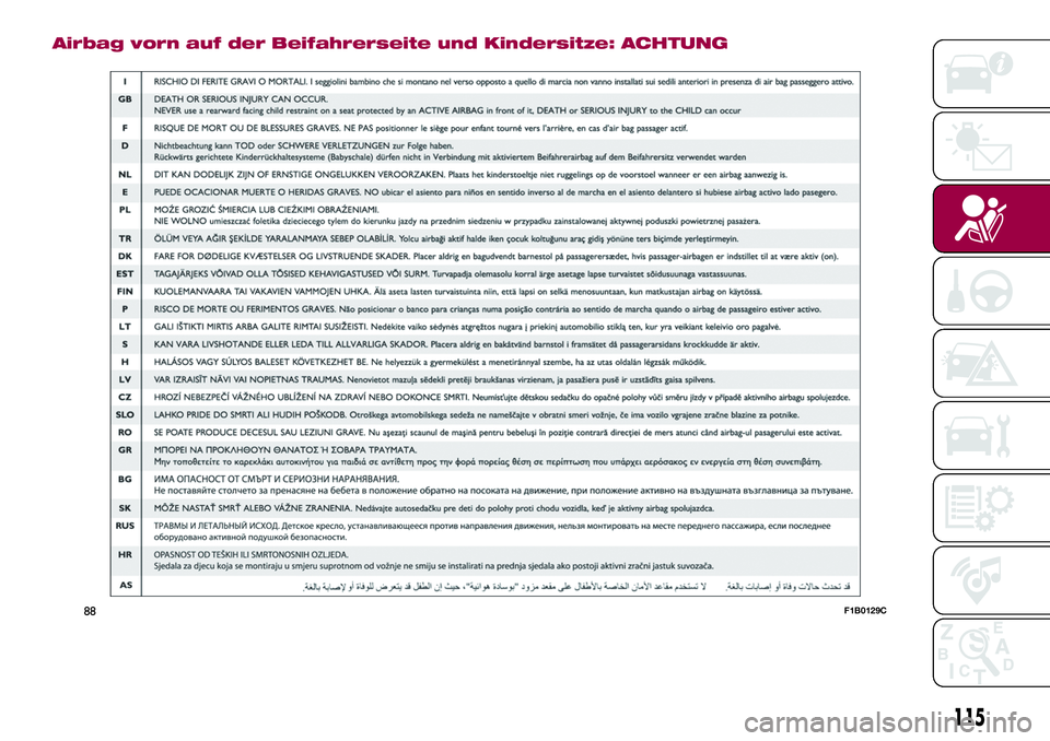 FIAT 500X 2017  Betriebsanleitung (in German) Airbag vorn auf der Beifahrerseite und Kindersitze: ACHTUNG
88F1B0129C
115 