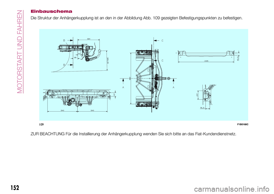 FIAT 500X 2017  Betriebsanleitung (in German) Einbauschema
Die Struktur der Anhängerkupplung ist an den in der Abbildung Abb. 109 gezeigten Befestigungspunkten zu befestigen.
ZUR BEACHTUNG Für die Installierung der Anhängerkupplung wenden Sie 