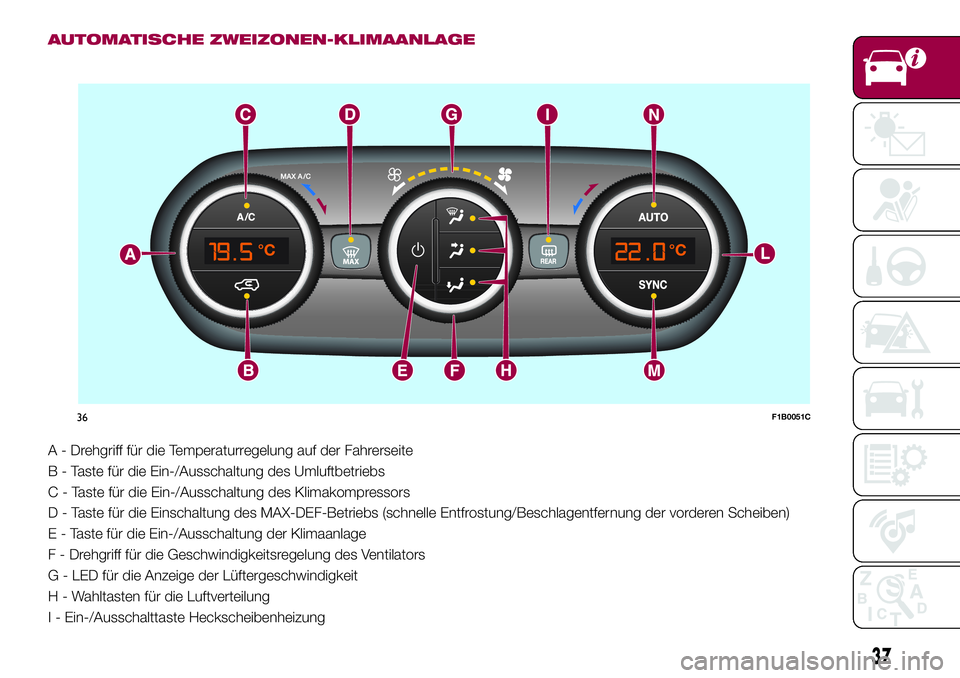 FIAT 500X 2017  Betriebsanleitung (in German) AUTOMATISCHE ZWEIZONEN-KLIMAANLAGE
A - Drehgriff für die Temperaturregelung auf der Fahrerseite
B - Taste für die Ein-/Ausschaltung des Umluftbetriebs
C - Taste für die Ein-/Ausschaltung des Klimak