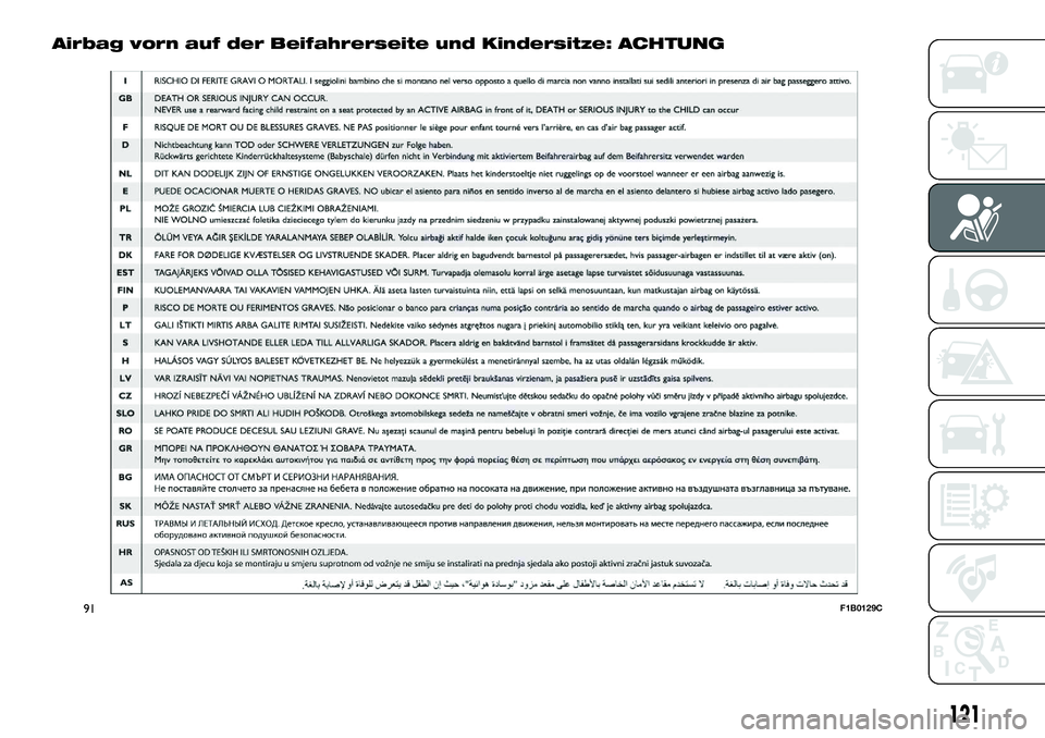 FIAT 500X 2018  Betriebsanleitung (in German) Airbag vorn auf der Beifahrerseite und Kindersitze: ACHTUNG
91F1B0129C
121 