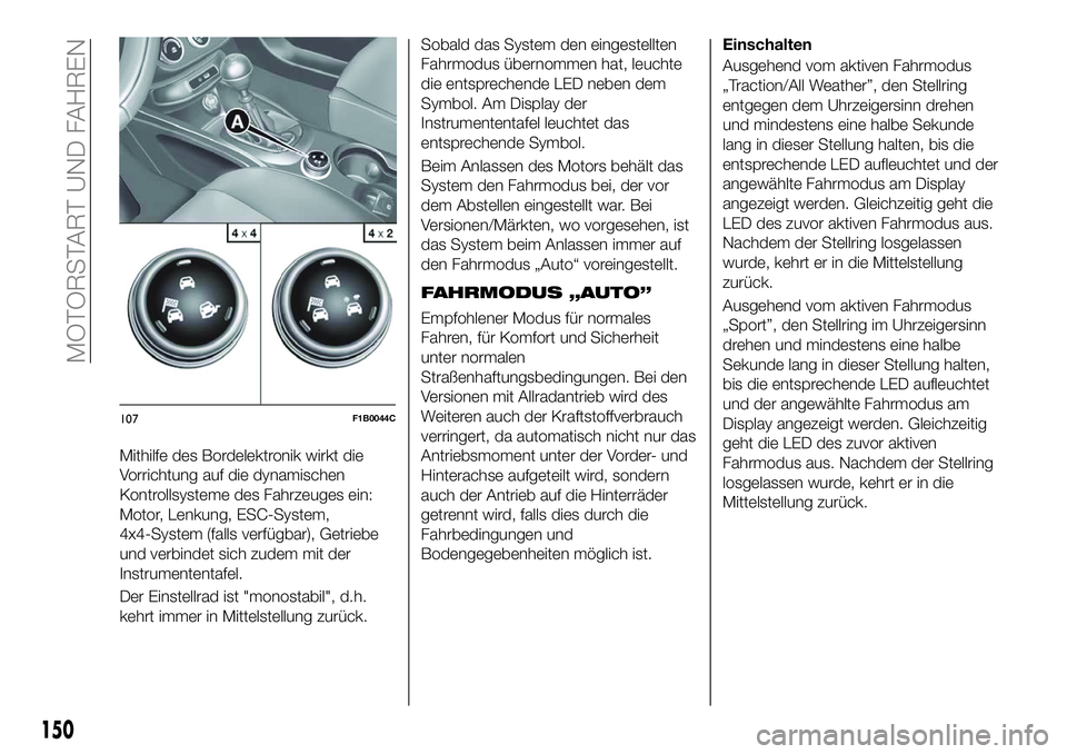 FIAT 500X 2018  Betriebsanleitung (in German) Mithilfe des Bordelektronik wirkt die
Vorrichtung auf die dynamischen
Kontrollsysteme des Fahrzeuges ein:
Motor, Lenkung, ESC-System,
4x4-System (falls verfügbar), Getriebe
und verbindet sich zudem m