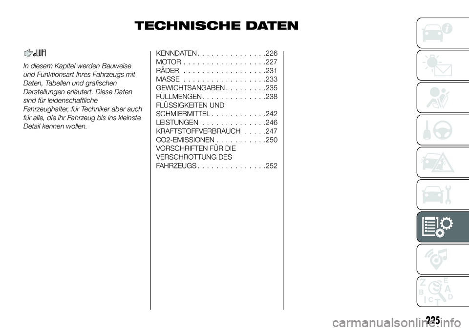 FIAT 500X 2018  Betriebsanleitung (in German) TECHNISCHE DATEN
In diesem Kapitel werden Bauweise
und Funktionsart Ihres Fahrzeugs mit
Daten, Tabellen und grafischen
Darstellungen erläutert. Diese Daten
sind für leidenschaftliche
Fahrzeughalter,