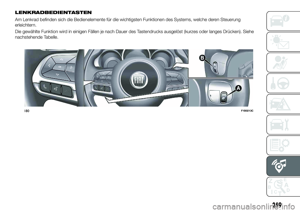 FIAT 500X 2018  Betriebsanleitung (in German) LENKRADBEDIENTASTEN
Am Lenkrad befinden sich die Bedienelemente für die wichtigsten Funktionen des Systems, welche deren Steuerung
erleichtern.
Die gewählte Funktion wird in einigen Fällen je nach 