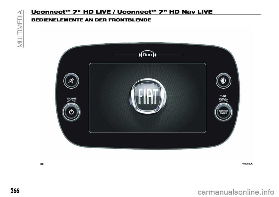 FIAT 500X 2018  Betriebsanleitung (in German) Uconnect™ 7" HD LIVE / Uconnect™ 7” HD Nav LIVE
BEDIENELEMENTE AN DER FRONTBLENDE
183F1B0520C
266
MULTIMEDIA 