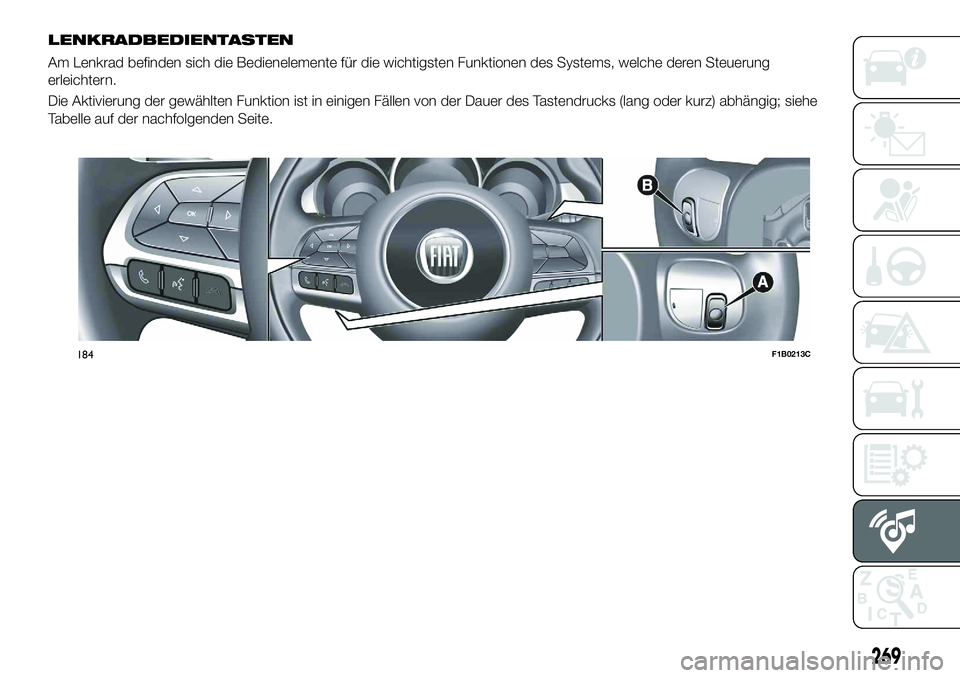 FIAT 500X 2018  Betriebsanleitung (in German) LENKRADBEDIENTASTEN
Am Lenkrad befinden sich die Bedienelemente für die wichtigsten Funktionen des Systems, welche deren Steuerung
erleichtern.
Die Aktivierung der gewählten Funktion ist in einigen 