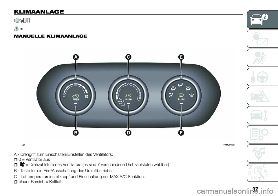 FIAT 500X 2018  Betriebsanleitung (in German) KLIMAANLAGE
2)
MANUELLE KLIMAANLAGE
A - Drehgriff zum Einschalten/Einstellen des Ventilators:
0 = Ventilator aus
= Drehzahlstufe des Ventilators (es sind 7 verschiedene Drehzahlstufen wählbar)
B - Ta