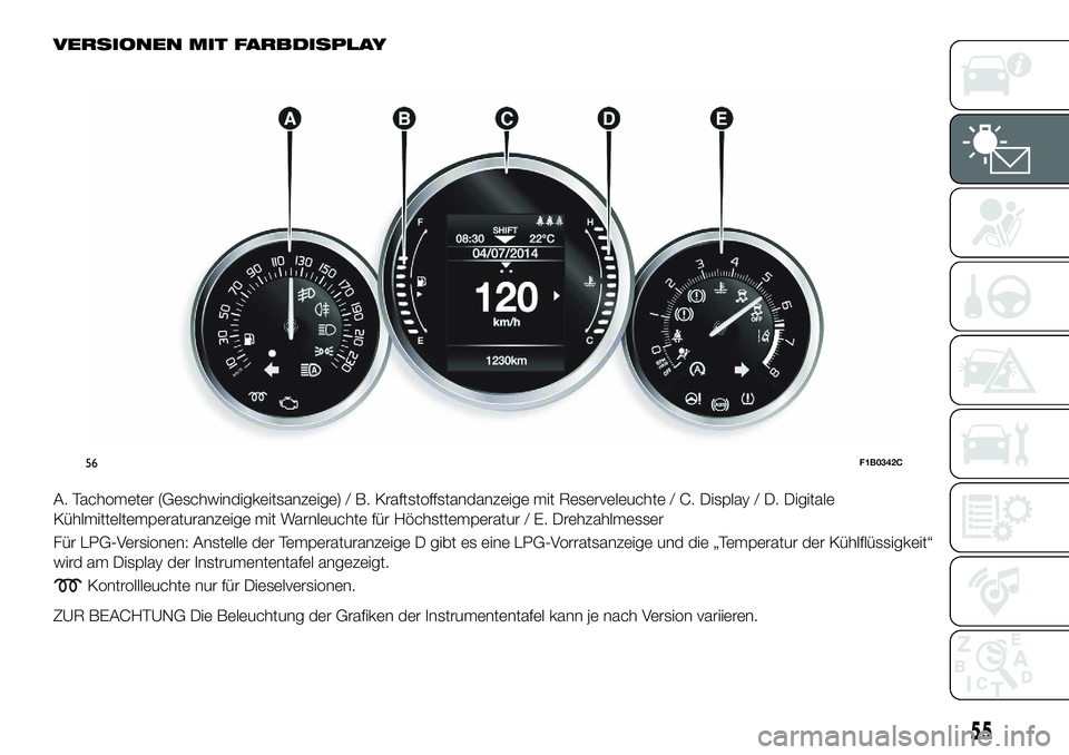 FIAT 500X 2018  Betriebsanleitung (in German) VERSIONEN MIT FARBDISPLAY
A. Tachometer (Geschwindigkeitsanzeige) / B. Kraftstoffstandanzeige mit Reserveleuchte / C. Display / D. Digitale
Kühlmitteltemperaturanzeige mit Warnleuchte für Höchsttem