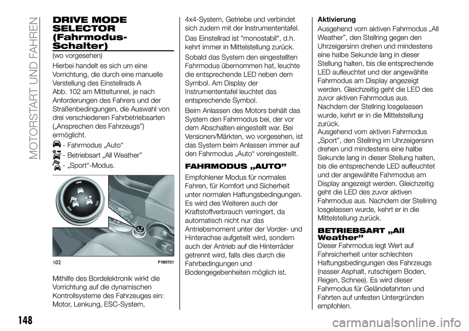 FIAT 500X 2019 Betriebsanleitung (in German) DRIVE MODE
SELECTOR
(Fahrmodus-
Schalter)
(wo vorgesehen)
Hierbei handelt es sich um eine
Vorrichtung, die durch eine manuelle
Verstellung des Einstellrads A
Abb. 102 am Mitteltunnel, je nach
Anforder FIAT 500X 2019 Betriebsanleitung (in German) DRIVE MODE
SELECTOR
(Fahrmodus-
Schalter)
(wo vorgesehen)
Hierbei handelt es sich um eine
Vorrichtung, die durch eine manuelle
Verstellung des Einstellrads A
Abb. 102 am Mitteltunnel, je nach
Anforder