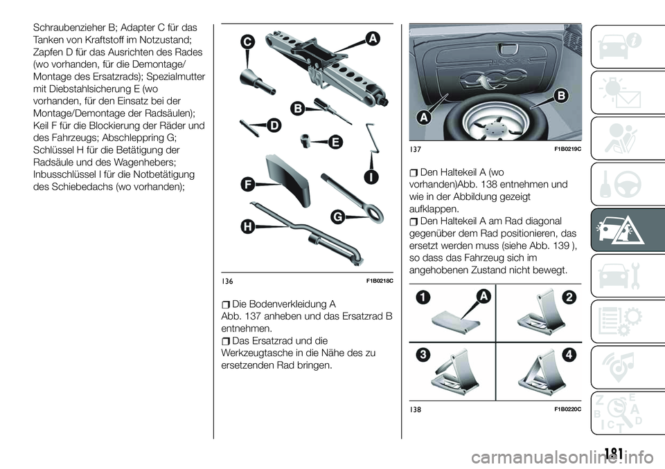 FIAT 500X 2019  Betriebsanleitung (in German) Schraubenzieher B; Adapter C für das
Tanken von Kraftstoff im Notzustand;
Zapfen D für das Ausrichten des Rades
(wo vorhanden, für die Demontage/
Montage des Ersatzrads); Spezialmutter
mit Diebstah