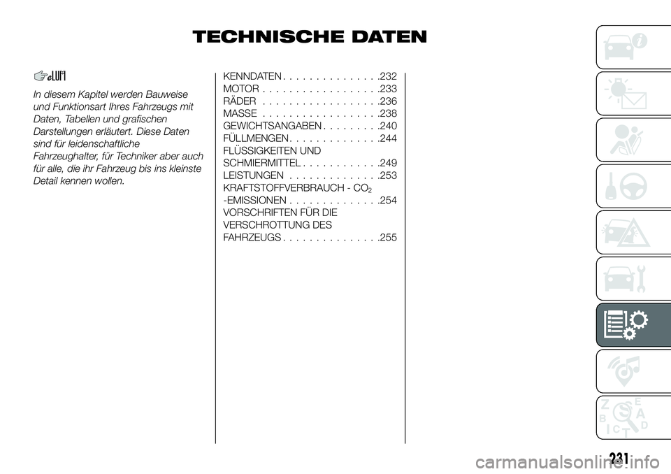 FIAT 500X 2019  Betriebsanleitung (in German) TECHNISCHE DATEN
In diesem Kapitel werden Bauweise
und Funktionsart Ihres Fahrzeugs mit
Daten, Tabellen und grafischen
Darstellungen erläutert. Diese Daten
sind für leidenschaftliche
Fahrzeughalter,