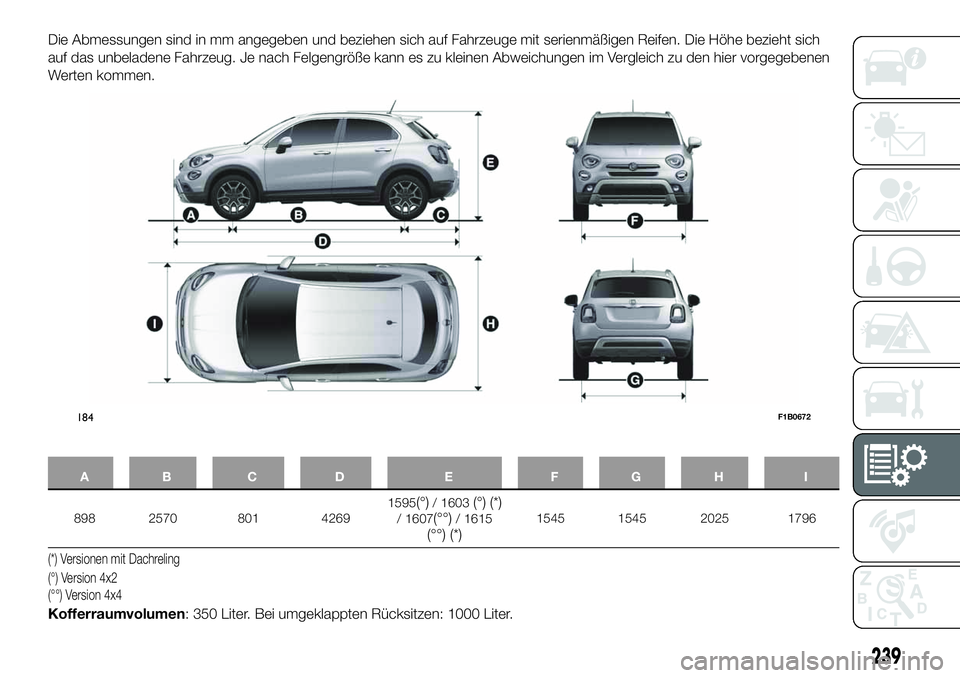 FIAT 500X 2019  Betriebsanleitung (in German) Die Abmessungen sind in mm angegeben und beziehen sich auf Fahrzeuge mit serienmäßigen Reifen. Die Höhe bezieht sich
auf das unbeladene Fahrzeug. Je nach Felgengröße kann es zu kleinen Abweichung