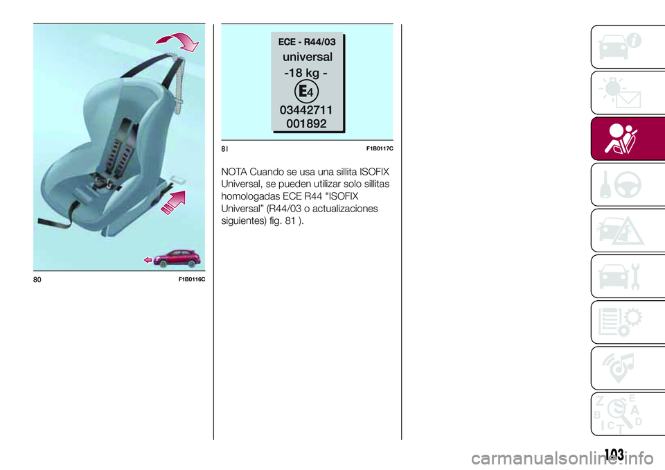 FIAT 500X 2017  Manual de Empleo y Cuidado (in Spanish) NOTA Cuando se usa una sillita ISOFIX
Universal, se pueden utilizar solo sillitas
homologadas ECE R44 "ISOFIX
Universal” (R44/03 o actualizaciones
siguientes) fig. 81 ).
80F1B0116C
81F1B0117C
10
