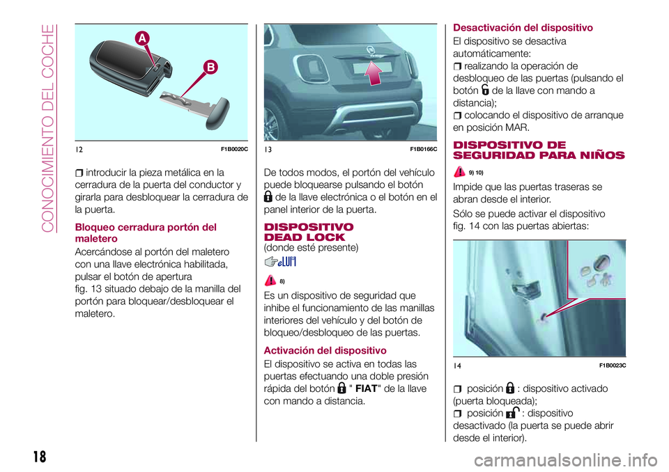 FIAT 500X 2017 Manual de Empleo y Cuidado (in Spanish) introducir la pieza metálica en la
cerradura de la puerta del conductor y
girarla para desbloquear la cerradura de
la puerta.
Bloqueo cerradura portón del
maletero
Acercándose al portón del malete FIAT 500X 2017 Manual de Empleo y Cuidado (in Spanish) introducir la pieza metálica en la
cerradura de la puerta del conductor y
girarla para desbloquear la cerradura de
la puerta.
Bloqueo cerradura portón del
maletero
Acercándose al portón del malete
