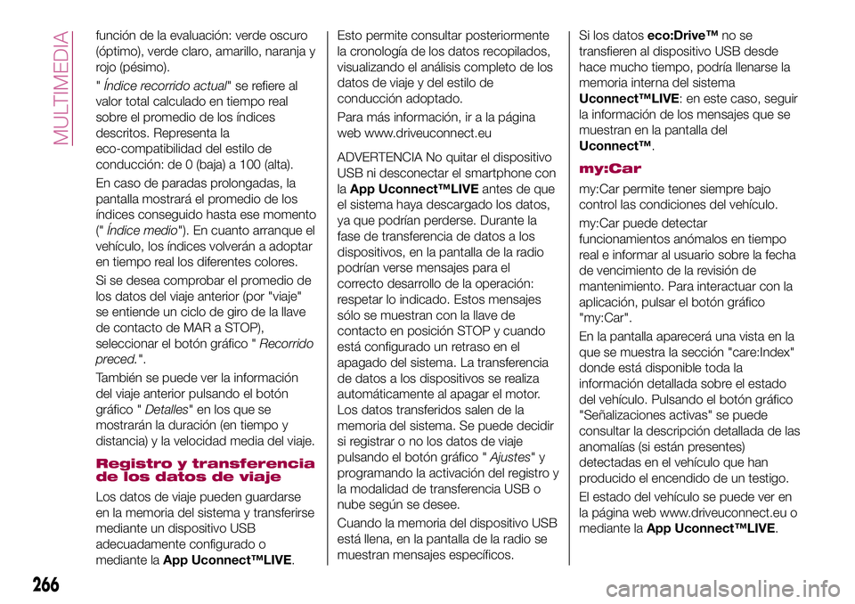 FIAT 500X 2017 Manual de Empleo y Cuidado (in Spanish) función de la evaluación: verde oscuro
(óptimo), verde claro, amarillo, naranja y
rojo (pésimo).
"Índice recorrido actual" se refiere al
valor total calculado en tiempo real
sobre el prom FIAT 500X 2017 Manual de Empleo y Cuidado (in Spanish) función de la evaluación: verde oscuro
(óptimo), verde claro, amarillo, naranja y
rojo (pésimo).
"Índice recorrido actual" se refiere al
valor total calculado en tiempo real
sobre el prom