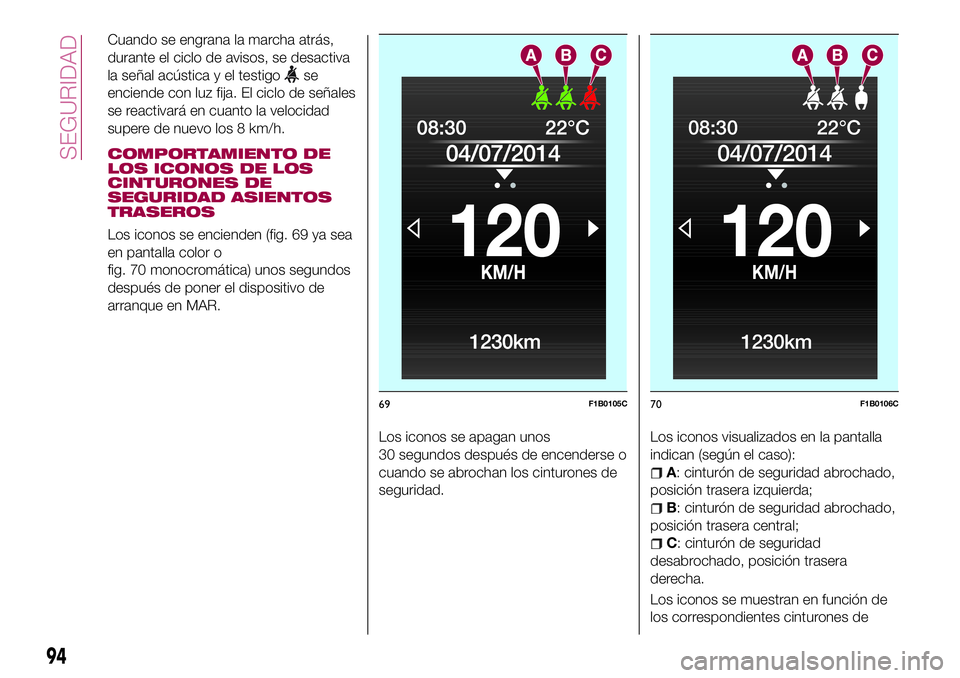 FIAT 500X 2017  Manual de Empleo y Cuidado (in Spanish) Cuando se engrana la marcha atrás,
durante el ciclo de avisos, se desactiva
la señal acústica y el testigo
se
enciende con luz fija. El ciclo de señales
se reactivará en cuanto la velocidad
super