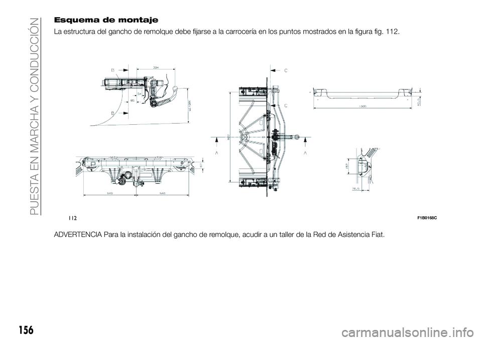 FIAT 500X 2018  Manual de Empleo y Cuidado (in Spanish) Esquema de montaje
La estructura del gancho de remolque debe fijarse a la carrocería en los puntos mostrados en la figura fig. 112.
ADVERTENCIA Para la instalación del gancho de remolque, acudir a u