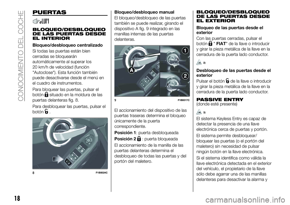FIAT 500X 2018 Manual de Empleo y Cuidado (in Spanish) PUERTAS
BLOQUEO/DESBLOQUEO
DE LAS PUERTAS DESDE
EL INTERIOR
Bloqueo/desbloqueo centralizado
Si todas las puertas están bien
cerradas se bloquearán
automáticamente al superar los
20 km/h de velocida FIAT 500X 2018 Manual de Empleo y Cuidado (in Spanish) PUERTAS
BLOQUEO/DESBLOQUEO
DE LAS PUERTAS DESDE
EL INTERIOR
Bloqueo/desbloqueo centralizado
Si todas las puertas están bien
cerradas se bloquearán
automáticamente al superar los
20 km/h de velocida