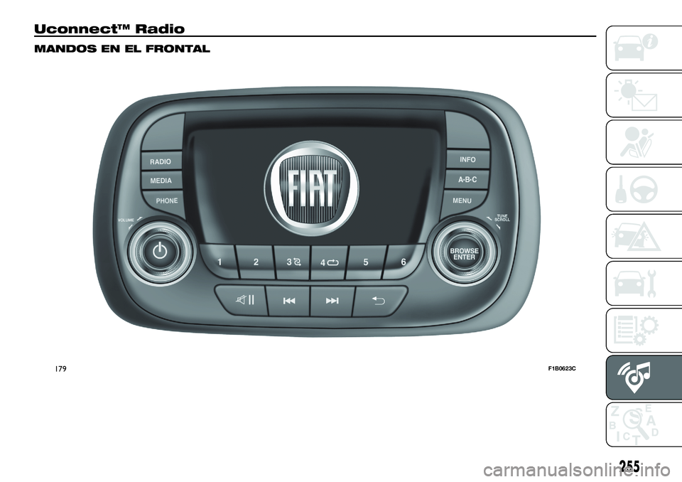 FIAT 500X 2018  Manual de Empleo y Cuidado (in Spanish) Uconnect™ Radio
MANDOS EN EL FRONTAL
179F1B0623C
255 