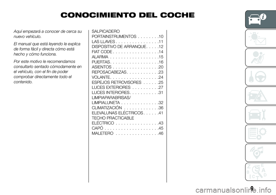 FIAT 500X 2019  Manual de Empleo y Cuidado (in Spanish) CONOCIMIENTO DEL COCHE
Aquí empezará a conocer de cerca su
nuevo vehículo.
El manual que está leyendo le explica
de forma fácil y directa cómo está
hecho y cómo funciona.
Por este motivo le re