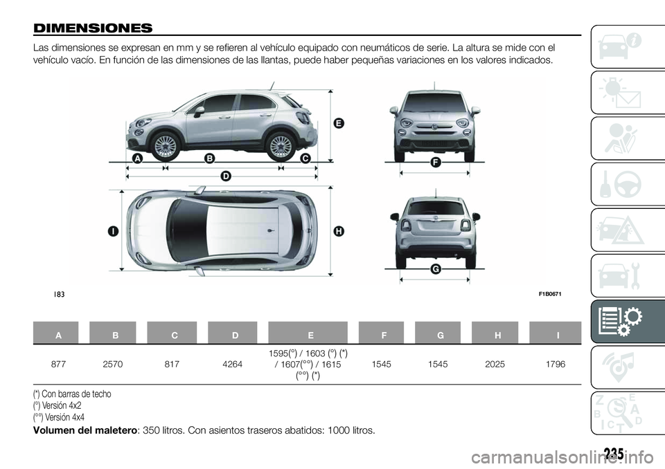 FIAT 500X 2019  Manual de Empleo y Cuidado (in Spanish) DIMENSIONES
Las dimensiones se expresan en mm y se refieren al vehículo equipado con neumáticos de serie. La altura se mide con el
vehículo vacío. En función de las dimensiones de las llantas, pu
