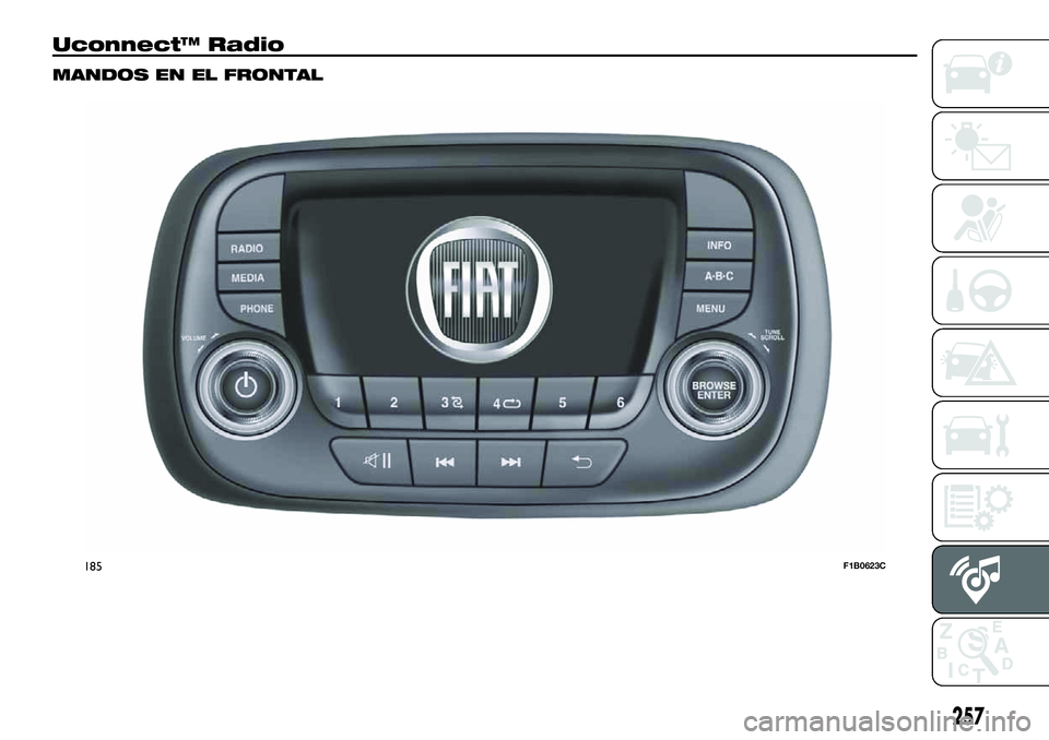 FIAT 500X 2019  Manual de Empleo y Cuidado (in Spanish) Uconnect™ Radio
MANDOS EN EL FRONTAL
185F1B0623C
257 