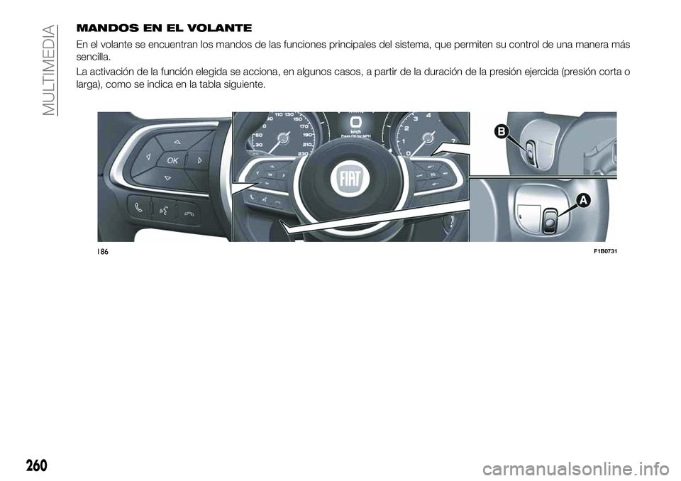 FIAT 500X 2019  Manual de Empleo y Cuidado (in Spanish) MANDOS EN EL VOLANTE
En el volante se encuentran los mandos de las funciones principales del sistema, que permiten su control de una manera más
sencilla.
La activación de la función elegida se acci