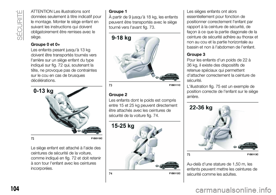 FIAT 500X 2019  Notice dentretien (in French) ATTENTION Les illustrations sont
données seulement à titre indicatif pour
le montage. Monter le siège enfant en
suivant les instructions qui doivent
obligatoirement être remises avec le
siège.
Gr