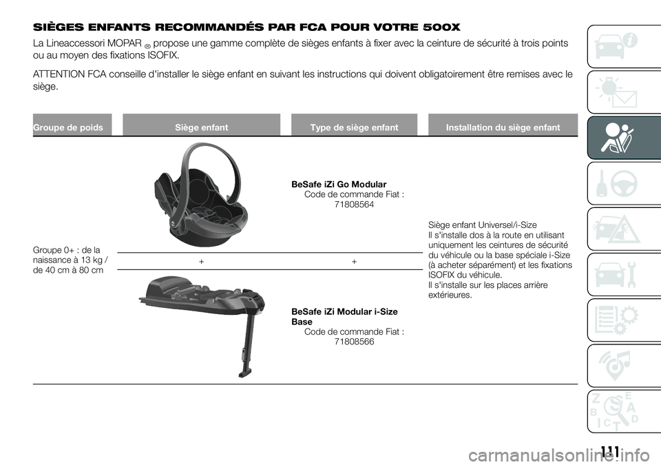 FIAT 500X 2019  Notice dentretien (in French) SIÈGES ENFANTS RECOMMANDÉS PAR FCA POUR VOTRE 500X
La Lineaccessori MOPAR®propose une gamme complète de sièges enfants à fixer avec la ceinture de sécurité à trois points
ou au moyen des fixa