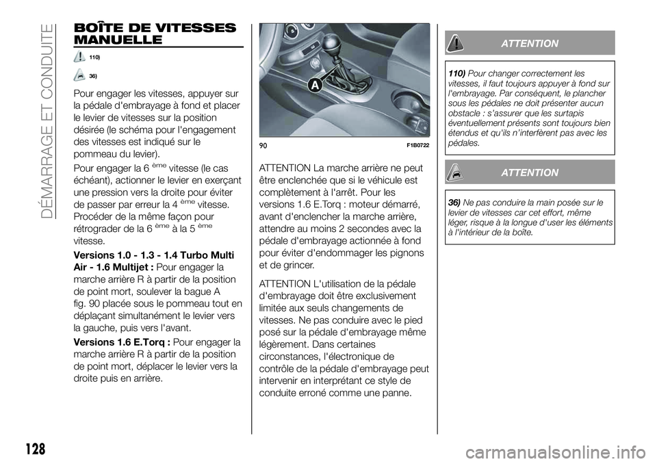 FIAT 500X 2019  Notice dentretien (in French) BOÎTE DE VITESSES
MANUELLE
110)
36)
Pour engager les vitesses, appuyer sur
la pédale d'embrayage à fond et placer
le levier de vitesses sur la position
désirée (le schéma pour l'engageme
