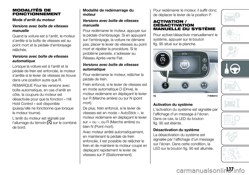 FIAT 500X 2019  Notice dentretien (in French) MODALITÉS DE
FONCTIONNEMENT
Mode d'arrêt du moteur
Versions avec boîte de vitesses
manuelle
Quand la voiture est à l'arrêt, le moteur
s'arrête si la boîte de vitesses est au
point m