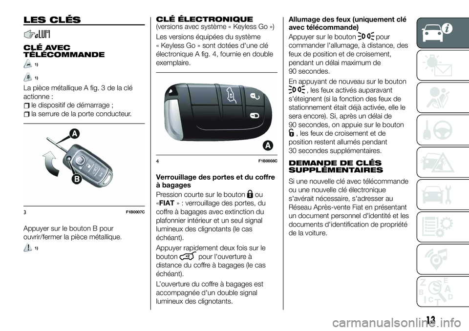 FIAT 500X 2019  Notice dentretien (in French) LES CLÉS
CLÉ AVEC
TÉLÉCOMMANDE
1)
1)
La pièce métallique A fig. 3 de la clé
actionne :
le dispositif de démarrage ;
la serrure de la porte conducteur.
Appuyer sur le bouton B pour
ouvrir/ferme