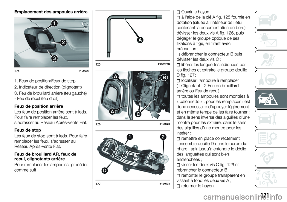 FIAT 500X 2019  Notice dentretien (in French) Emplacement des ampoules arrière
1. Feux de position/Feux de stop
2. Indicateur de direction (clignotant)
3. Feu de brouillard arrière (feu gauche)
- Feu de recul (feu droit)
Feux de position arriè