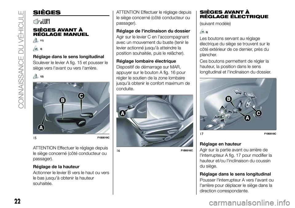 FIAT 500X 2019  Notice dentretien (in French) SIÈGES
SIÈGES AVANT À
RÉGLAGE MANUEL
11)
4)
Réglage dans le sens longitudinal
Soulever le levier A fig. 15 et pousser le
siège vers l'avant ou vers l'arrière.
12)
ATTENTION Effectuer le