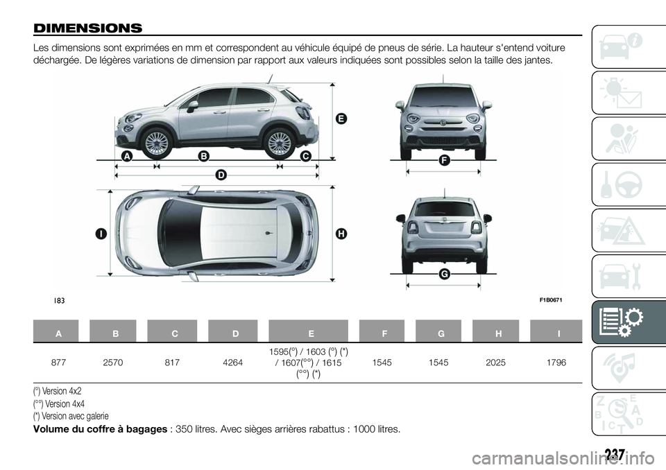 FIAT 500X 2019  Notice dentretien (in French) DIMENSIONS
Les dimensions sont exprimées en mm et correspondent au véhicule équipé de pneus de série. La hauteur s'entend voiture
déchargée. De légères variations de dimension par rapport