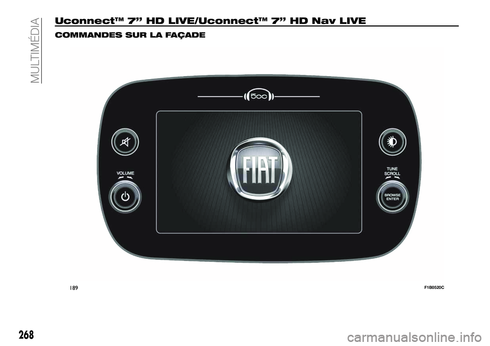 FIAT 500X 2019  Notice dentretien (in French) Uconnect™ 7” HD LIVE/Uconnect™ 7” HD Nav LIVE
COMMANDES SUR LA FAÇADE
189F1B0520C
268
MULTIMÉDIA 