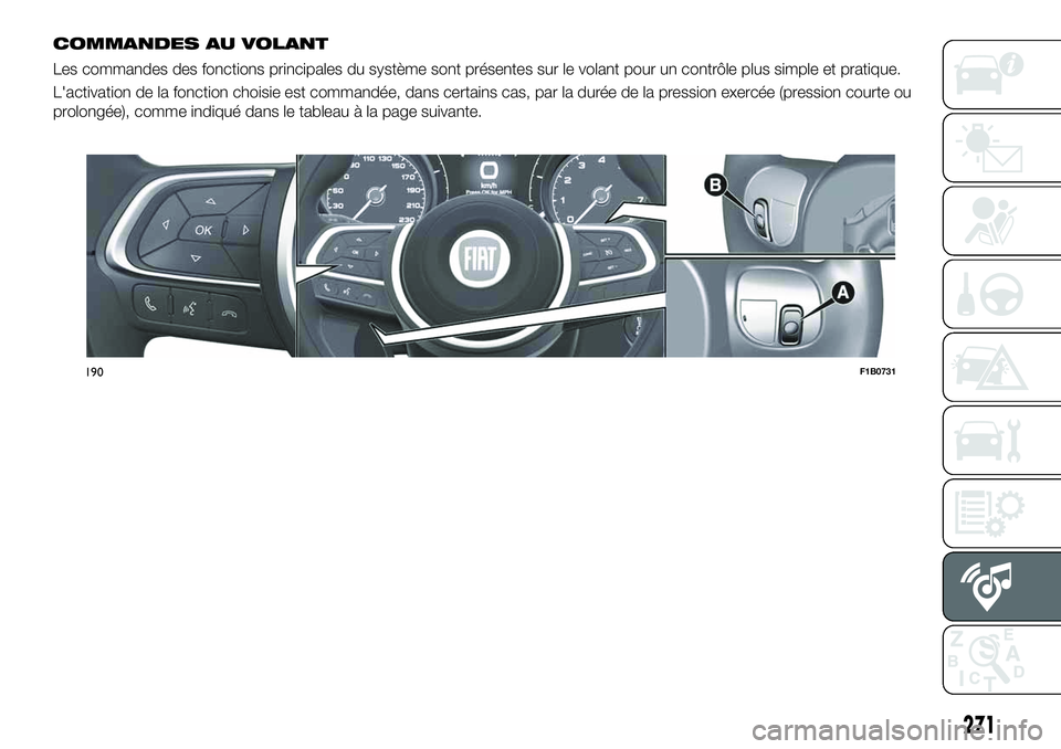 FIAT 500X 2019  Notice dentretien (in French) COMMANDES AU VOLANT
Les commandes des fonctions principales du système sont présentes sur le volant pour un contrôle plus simple et pratique.
L'activation de la fonction choisie est commandée,